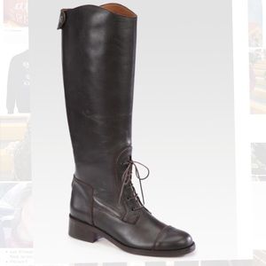 Hunter dark brown leather boots lace-up front zip